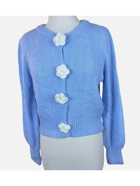 Freshman 1996 Blue LS Cable Knit Cardigan 3D Crochet White Floral Snaps M NWT